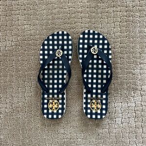 Tory Burch Navy and White Gingham Flip Flops
